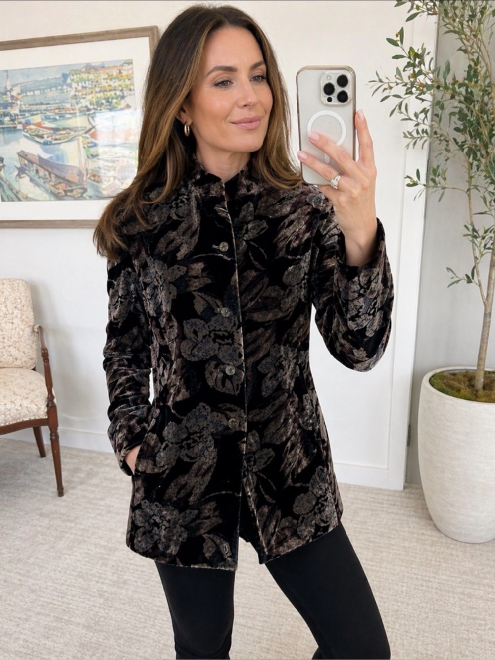 Dana Buchman Silk Velvet Black Floral Button Down Long Blazer 8 Jacket Medium - Picture 11 of 11